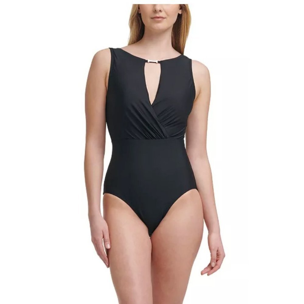 Calvin Klein $108 High Neck Tummy Control One Piece Swimsuit Black Size 16